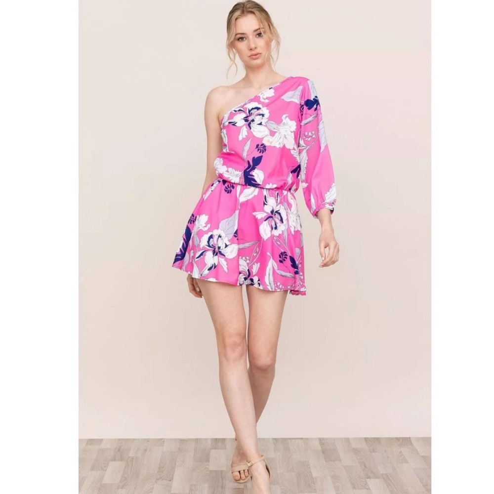 Yumi Kim pink floral one shoulder silk dress